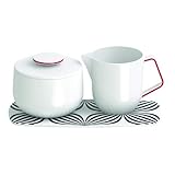 Schwarze & rote Akzente SALT AND PEPPER Milchkanne und Zuckerdose auf Servierplatte aus Porzellan, rot-schwarz Akzente, 3-teilig