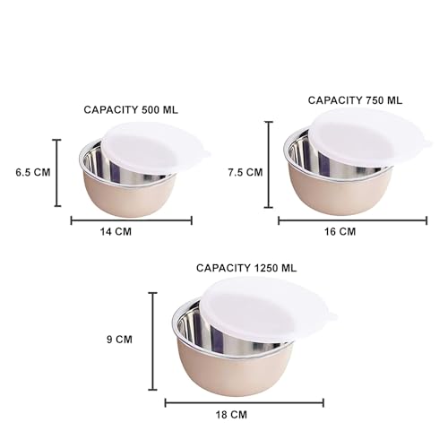 Image of Microwave Safe Stainless Steel Food Storage Container with Lid | Euro Mixing Bowl Set for Kitchen | 500ml, 750ml, 1250ml | Pack of 3 | Leak-Proof (Sand Brown 3)