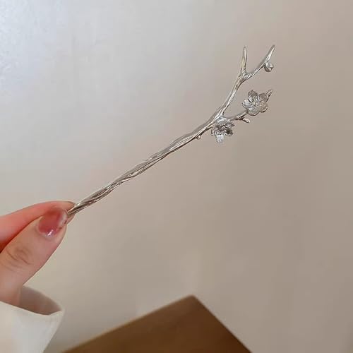Image of S.A.V.I Silver Cherry Blossom Hair Stick for Women | Elegant Chinese Style Metal Hairpin | Unique Floral Branch Design Hair Accessories for Buns & Hairstyles | Traditional & Modern Look