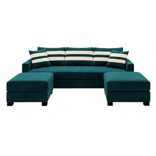 Image of Kassian Rich Velvet Suede 3 Seater Sofa Set with 2 Ottomans | Spacious Soft Touch Comfort Seating | Modern Sofa for Living Room (Greenish Teal)