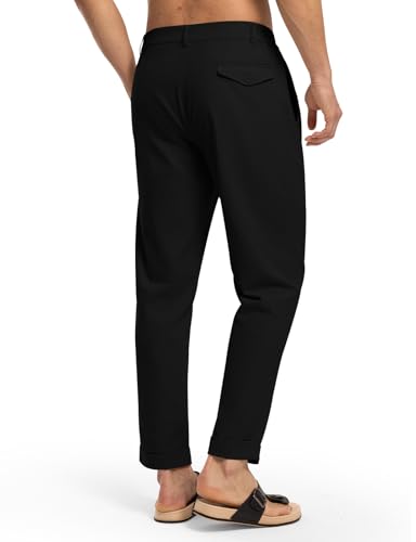 Rdruko Men's Lightweight Casual Pants Slim Fit Cotton Linen Pants Elastic Waist Summer Beach Pants with Pockets, Black, XL2