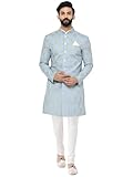 KISAH Herren Sherwani Set mit Churidar - Bedrucktes Ethno-Set aus reiner Baumwolle mit Mandarinenkragen - Indische Hochzeits- & Festkleidung mit Churidar für Diwali, Eid & Feiern, Himmelblau, 40