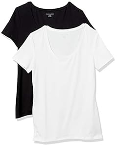 Amazon Essentials Damen Regular-Fit Kurzarm-T-Shirt U-Ausschnitt (In Übergröße Erhältlich), 2er-Pack, Schwarz/Weiß, M
