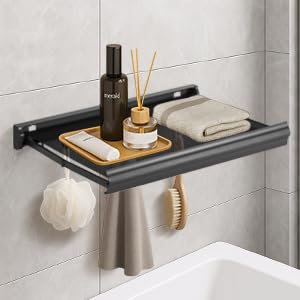 Todeco Wandtrockner Klappbar Unsichtbar mit Netzablage & 8 Haken, Duschablage Ohne Bohren, Badezimmer Regal Organizer, Ausziehbarer Wandwäscheständer, Hakenleiste für Balkon Wäscheraum Badezimmer