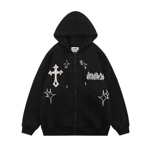 Pokn Flame Cross Print Y2K Oversized Hoodie - Graphic Zip Up Streetwear Pullover Loose Clothes