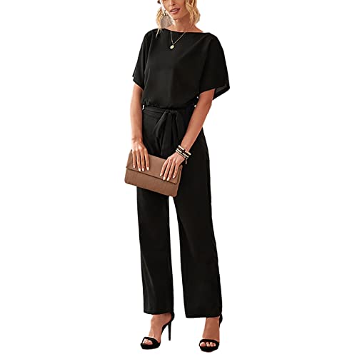 GOTOTOP Damen O-Ausschnitt Kurzarm Lang Jumpsuit Elegant Weite Bein Overall...