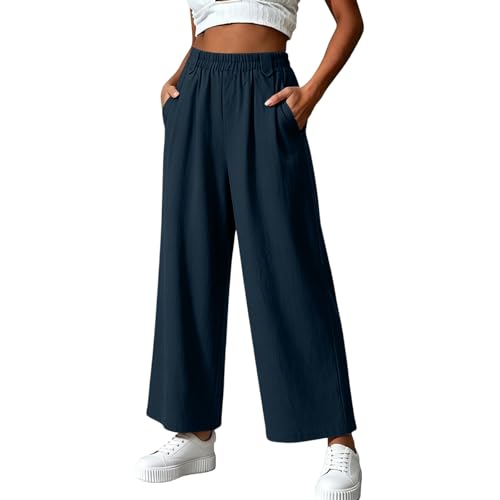 Pantalones Mujer Verano de Algodón Pantalón Casuales Fluido Largo Pantalones Cintura Alta Elástico con Bolsillos Pantalón Comodo Ligerosde Yoga Pantalones de Entrenamiento