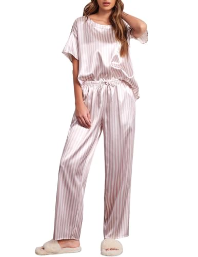 Image of Ekouaer Womens Satin Silky Pajama Set Short Sleeve Shirt with Long Pajama Pant Set Soft PJ Loungewear