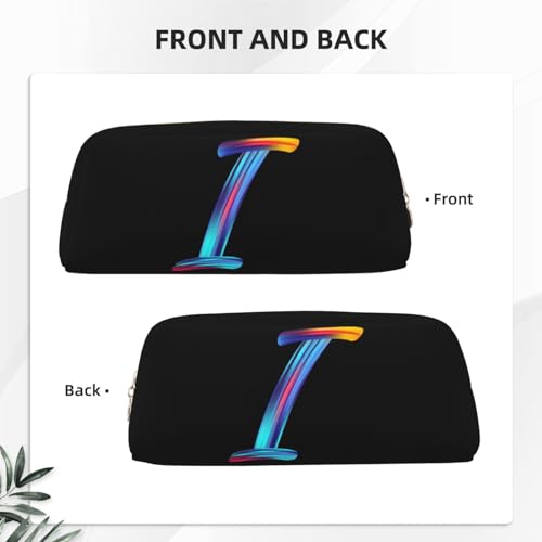 Image of Cute Initial Pencil Case for Kids Simple Leather Pencil Pouch for Boys Girls Letter Design Pencil Box Pen Bag Pencil Pouch Office Stationery Organizer, Rainbow Letter I