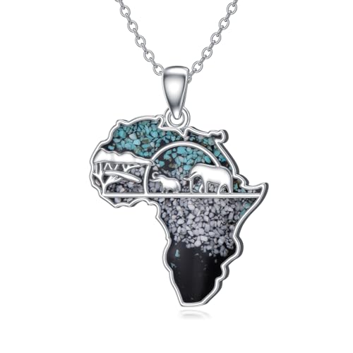Africa Map Necklace 925 Sterling Silver Turquoise Pendant Jewelry Gift For Men Women