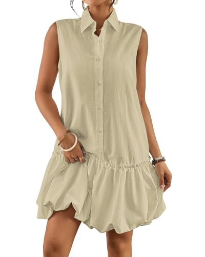 Image of Bsubseach Womens Casual Summer Dresses Sleeveless Linen Bubble Mini Short Dress Button Down Shirt Sundress with Pockets
