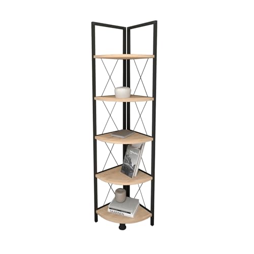 Alexandra House Living Estantería Librería rinconera metálica. Estilo Industrial. con 4 estantes melamina Color Roble Safir. Estructura metálica Negra. (Alto 160 cm/Ancho 34 cm/Fondo 34