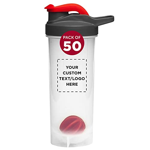 DISCOUNT PROMOS Custom Plastic Shaker Bottles with Mixer 24 oz. Set of 50, Personalized Bulk Pack - Perfect for Protein Shake, Smoothie and More! - Red