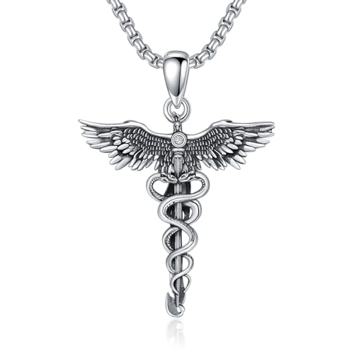 Caduceus Necklace for Men Women 925 Sterling Silver RN Nurse Graduation Gift Phoenix Pendant Doctor Nurse Medicine Themed Jewelry Gifts for Nurses Day Dirthday