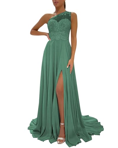 Image of LANGKAAO One Shoulder Lace Bridesmaid Dresses Long for Wedding A-Line Chiffon Slit Formal Party Gown with Pockets