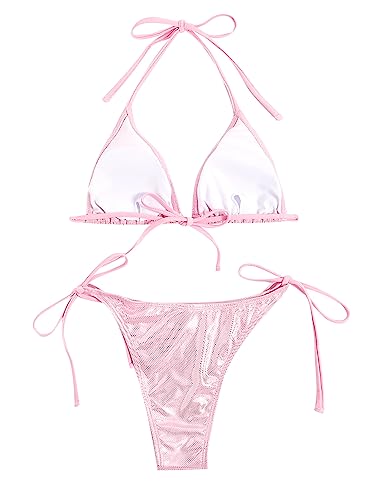 Verdusa Women's 2 Piece Bathing Suit Glitter Triangle Top Tie Side Thong Bikini Swimsuits2