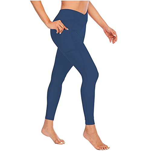 Leggings deportivos para mujer, leggings de bolsillo, para verano, fitness, deportes, correr, control de abdomen, yoga, pantalones atléticos, Color azul sólido., XL