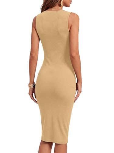 Image of LYANER Women's Summer Rib Knit Stretch Crewneck Sleeveless Bodycon Midi Dress