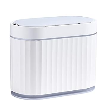 ELPHECO Mini Trash Can with Lid Small Desktop Trash Can with Lid, Slim Automatic Garbage Can, 1.3 Gallon Motion Sensor Countertop Waste Basket for Bedroom, Office, Bathroom, White with Grey Trim