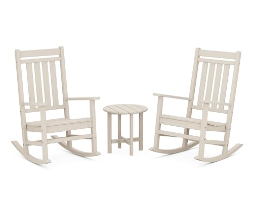 POLYWOOD Estate 3-Piece Rocking Chair Set, Outdoor Patio Porch Rockers with Side Table, All-Weather HDPE Furniture, Fade-Free, Sand
