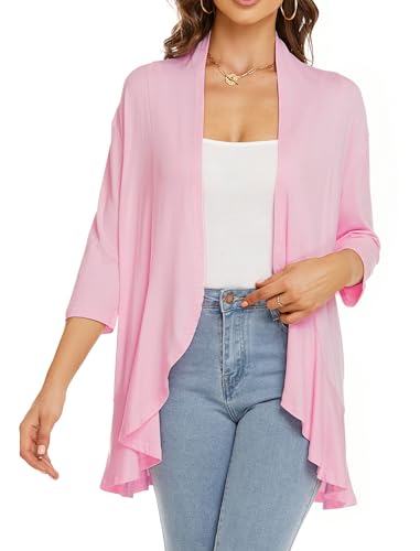 Image of YnimioAOX Women's Cardigan Lightweight Open Front 3 /4 Sleeves Draped Ruffles Knit Cardigan Sweaters