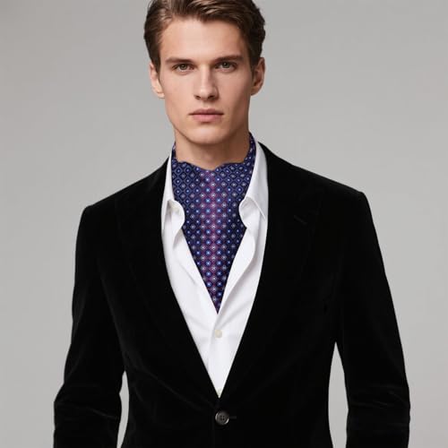 Image of Hi-Tie Silk Ascot for Men Self Tie Men's Cravat and Flower Lapel Pin Handkerchief Cufflinks Set for Wedding Party