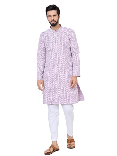 Image of See Designs Men's Full Sleeve Mandarin Collar Embroidered Thread Work Sequinned Rayon Straight Long Kurta - Festive Collection