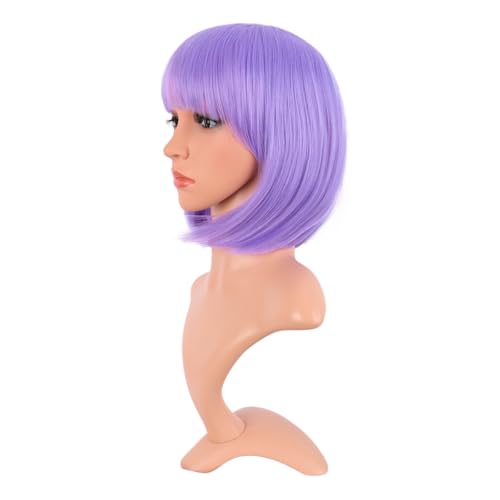 Image of MapofBeauty 12 Inch /30 cm Fashion Lady Short Straight Synthetic Flat Bangs Bob Wig (Light Purple)