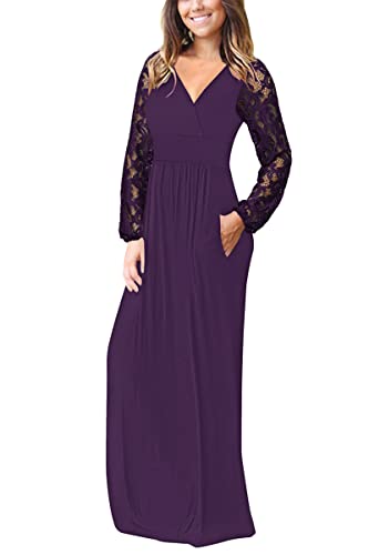 Image of AUSELILY Womens Lace Long Sleeve Maxi Dress V Neck Wrap Waist with Pockets | Lace sleeves, cross-wrap neck flatters, hidden pockets, floor-length maxi for year-round