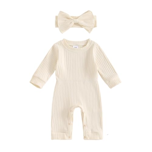 Winioder Newborn Baby Girl Fall Clothes Ribbed Long Sleeve Romper Jumpsuit with Headband Infant 2Pcs Coming Home Outfit(Beige,Newborn)