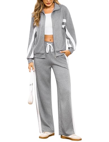 Terecey Trainingsanzug Damen Set Jogginganzug Zweiteiler Frauen Sport Anzug Freizeitanzug Stehkragen Jacke mit Taschen & Kordelzug Sporthose Winter Tracksuit Herbst Loungewear, Aschgrau M