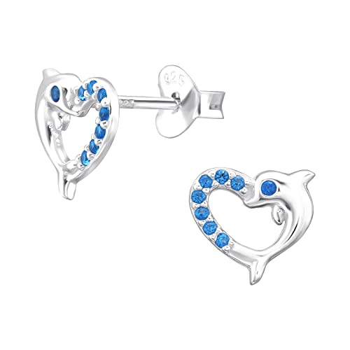 Image of 925 Sterling Silver CZ Dolphin Heart Stud Earrings for Girls