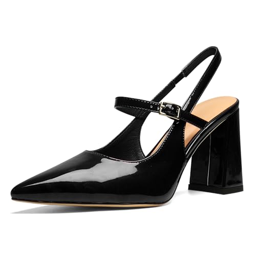 QIV Slingback for Women Pointed Toe Chunky Heels with Buckle Closed Toe Block Heel Pumps