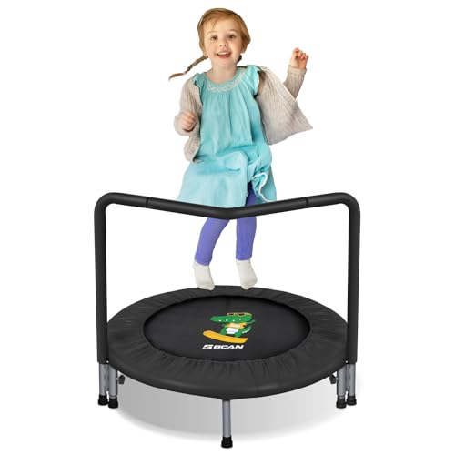 BCAN 36'' Mini Folding Ages 2 to 5 Toddler Trampoline with Handle for Kids, Two Ways to Assemble The Handle, Indoor/Garden Toddlers Trampoline with Super Safe Cover for Toddler Black
