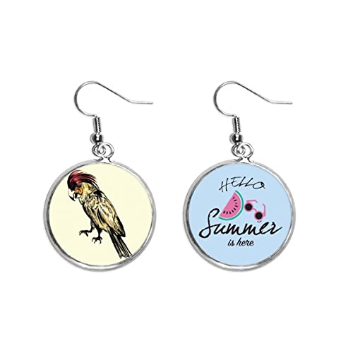 Pendientes de sandía con pluma amarilla de loro ave exótica