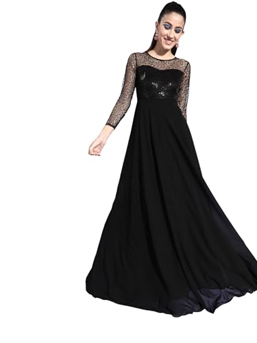 Image of Miss Chase Women's Round Neck Sleeve Embellished Fit Flare Maxi Dress