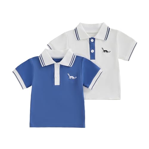 Image of Himllauen Toddler Baby Boy Summer T-Shirts, Short Sleeve Turn Down Collar Dinosaur Embroidery Shirts, Half Button-up, 2 Pieces Elegant Gentleman T Shirt for Boys (Blue, 12-18 Months)