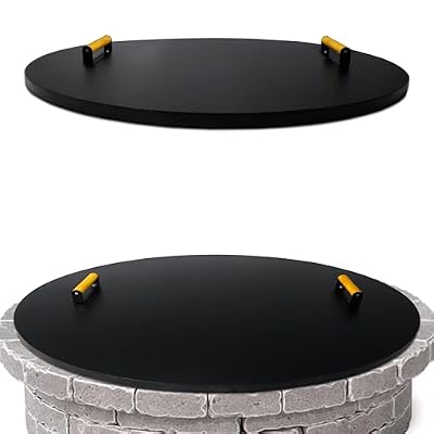 Simond Store Fire Pit Cover Round 38" - Rust Resistant 1.5mm Powder Coated Carbon Steel Firepit Snuffer Lid with 2 Ergonomic Wooden Handles - Compatible for Fire Pit Inside Dia Up to 36"