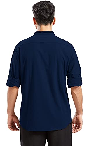 Utcoco Men's Vintage Linen Stand Collar Button Up Shirt Long Sleeve (Medium, Navy Blue) #TOP1