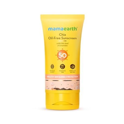 Image of Mamaearth Chia Oil-Free Sunscreen with Chia Seed & Ceramides for Hydrated Glow & Sun Protection - 50g | SPF50 PA++++ | Oil-Free Formula for Normal to Oily Skin | UVA /B Protection | Tan Protection | No White Cast | InVivo Tested | Healthy Skin Barrier