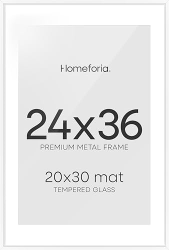 Image of Homeforia 24x36 Picture Frame White, High End Metal 24 x 36 Large Poster Frames with Mat 20 by 30 inch Photo, 24x36 Thin Frame Matted to 20x30 in Print, 36x24 Frame, Tempered Glass, Wall Kit, Set of 1
