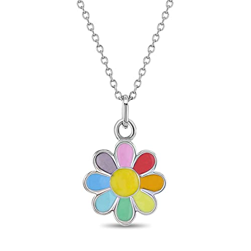 925 Sterling Silver Multicolor Rainbow Daisy Flower Pendant Necklace for Little Girls & Preteens 16