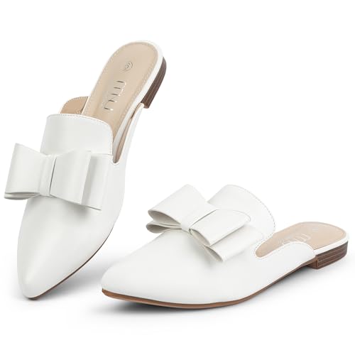 Image of MUSSHOE Mules for Women with Bow Knot: Pointed Toe Flats - Cloud-Cushion Suede Backless Loafers for Office & Casual Wear - Wide-Fit Friendly Slip On Slides with Memory Foam