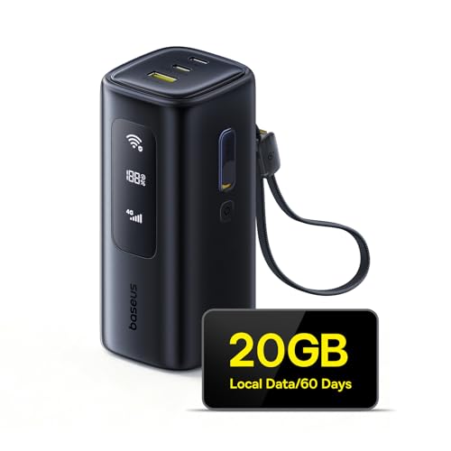 Router Wi-Fi mobile Baseus MIFI, power bank da 20000 mAh per laptop da 67 W con cavo USB-C retrattile (4G/LTE fino a 150 Mbps in download/50 Mbps in upload, hotspot) per viaggi, campeggio, ufficio