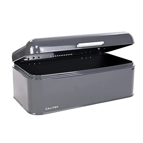 Calitek Bread Bin Storage Box Kitchen Counter Top Bread Loaf Pastries Baked Goods Container Vintage Style Coated Carbon Steel (Grey)