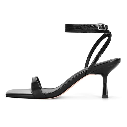 MIRAAZZURRA Black Kitten Heel Sandals Square Open Toe Strappy Ankle Strap Heeled Sandals Low Heel Party Wedding Shoes Black Size 6.52