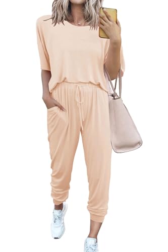 PRETTYGARDEN - Conjunto deportivo de dos piezas para mujer, de manga corta con cordón y pantalones largos, Beige, Medium