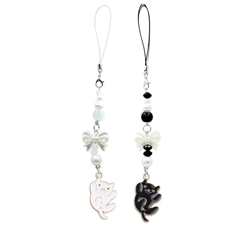 LJJINGXS Kawaii Cat Phone Charm, Cute Keychain, Y2K Universal Cell Phone Accessory with Decorative Beads.