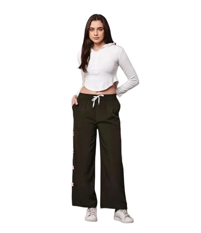 Image of ARYANSH Shoppe Women's High-Waist Wide-Leg Casual Pants with Drawstring Closure, Soft Fabric, Stylish Side Butterfly Detailing, Trendy Relaxed Fit Trousers