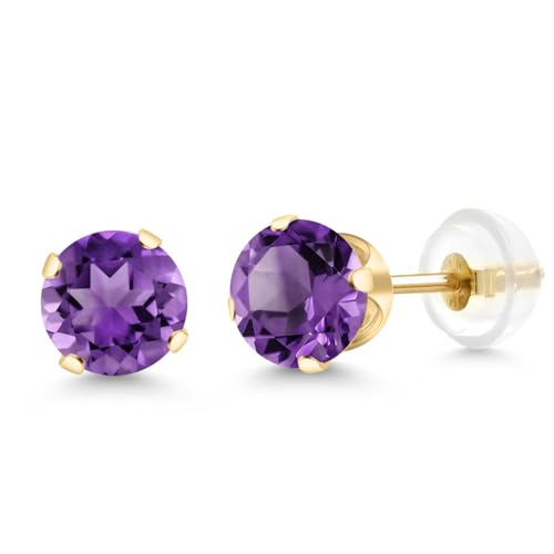 Gem Stone King 14K Gold Gemstone Birthstone Solitaire Stud Earrings | Round 6MM | Gold Earrings For Women Men
